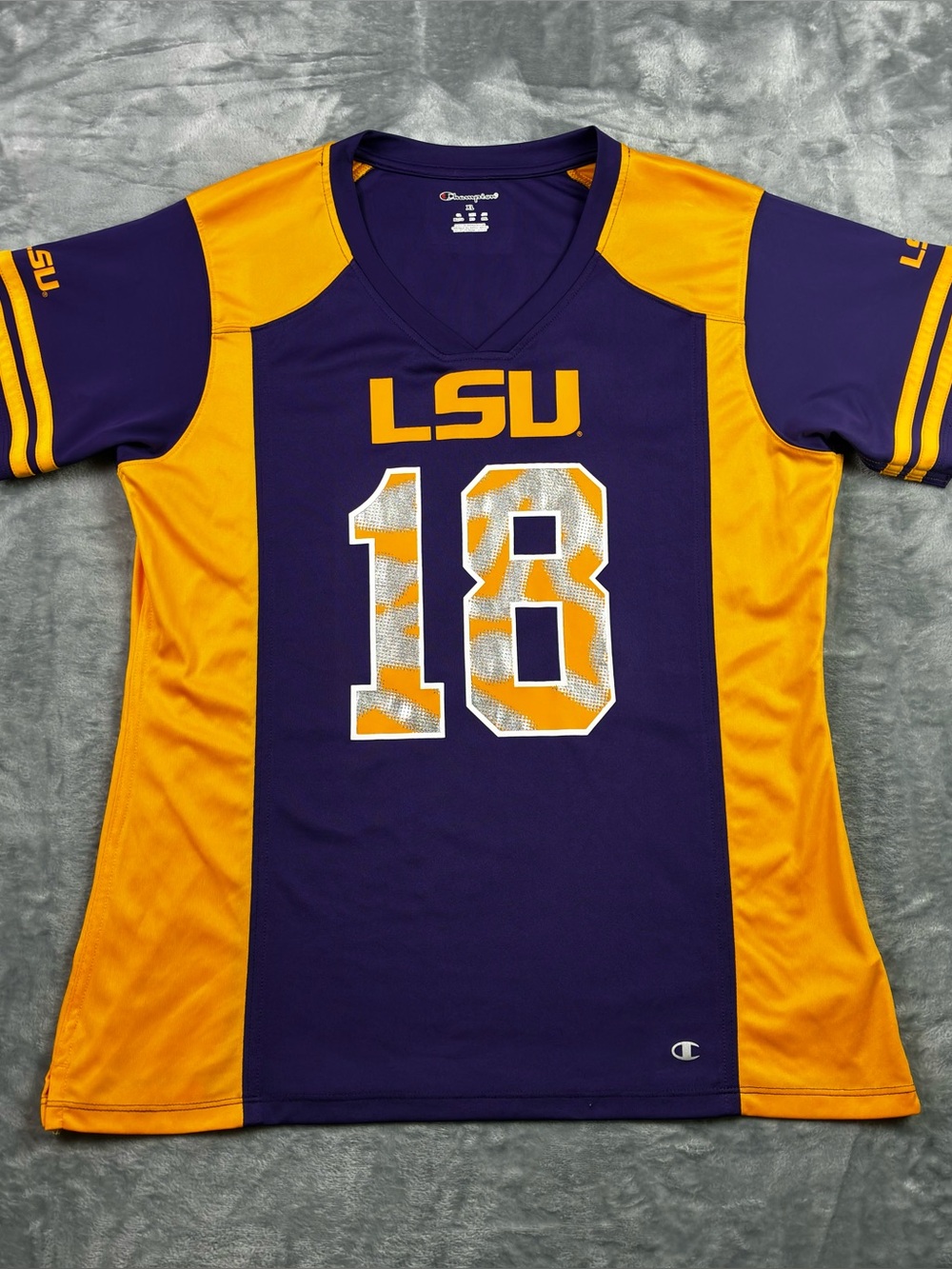 LSU Tigers Champion V-Neck Jersey Womens XL 16/18 Purple Gold Glitter Football